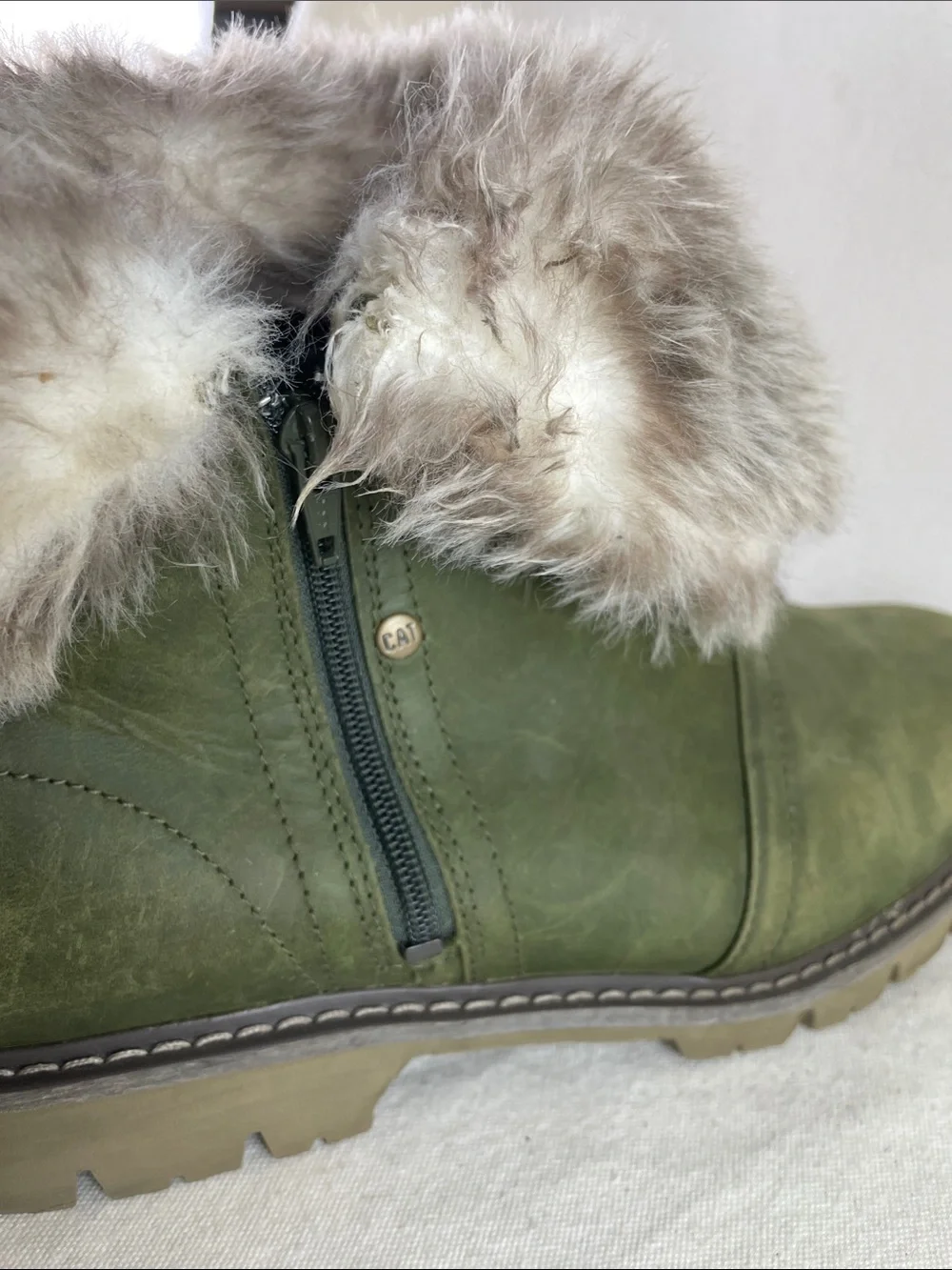 CAT Faux Fur Cuff Ankle Boots - Olive Green Size 11